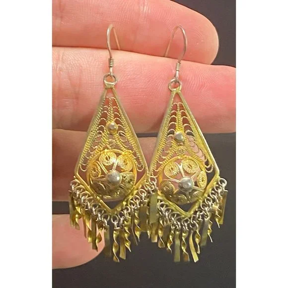Vintage Victorian Filigree Dangle Earrings Vermeil Tone 925 Hooks - Picture 4 of 7